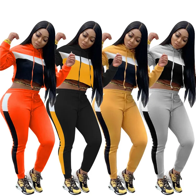 

New Arrival Sets Suits Ladies Fashion Spliced Sweatshirt Drawstring Pants Sportswear Jogger Women Hoodies Set, Picture