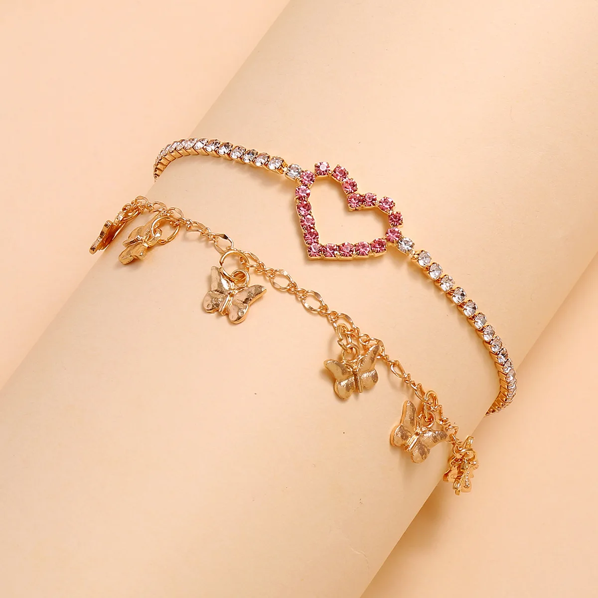 

2pcs Barefoot Jewelrfy Shiny Pink Rhinestone Heart Anklet Bracelet Layered Gold Butterfly Charm Anklet set, As picture