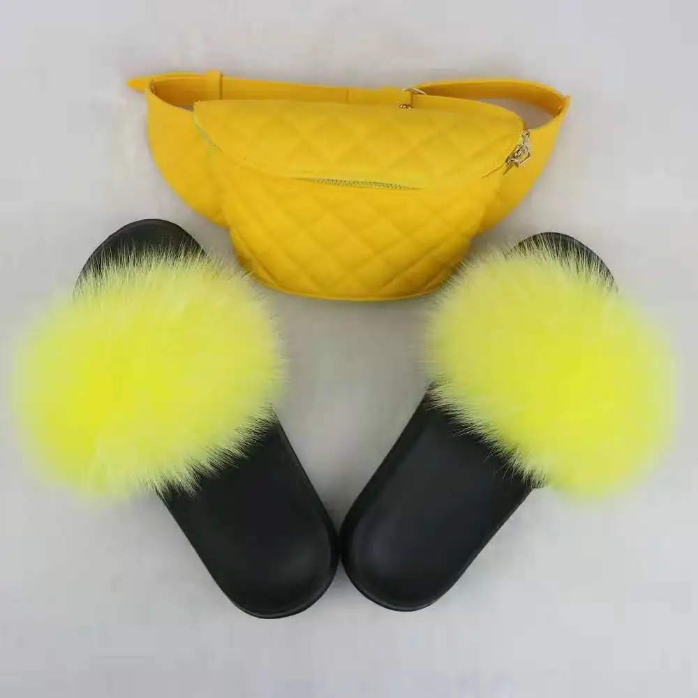 

Latest Jellyooy Beachkins Pvc Matte Jelly fanny Bags With Fox Fur Slippers Sets Purse Bag Match Fur Slides Sandals Sets, Customized color