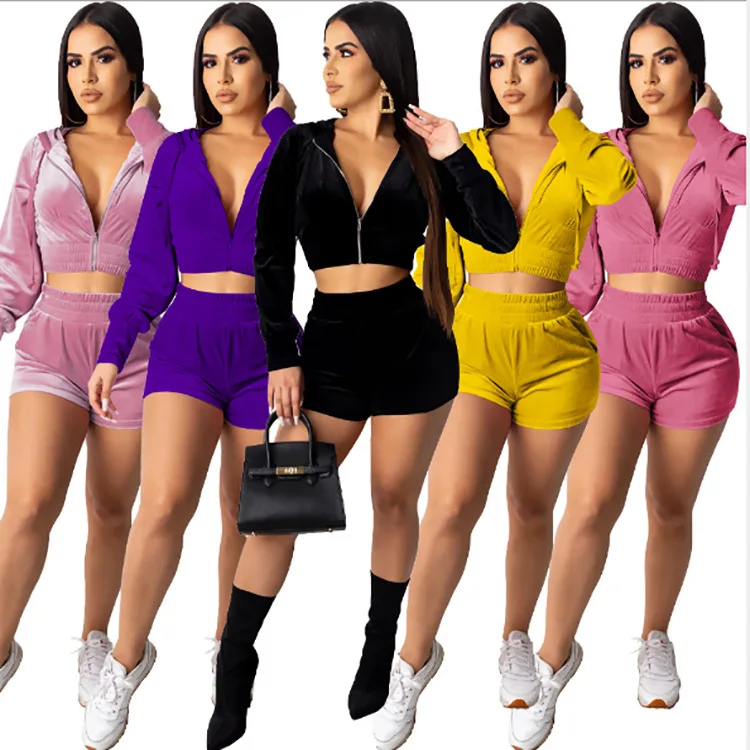 

2021 fall workout sets solid color zipper hoodie and shorts two piece gym sets clothing woman's biker shorts outfit, 5 colors and also can make as your request
