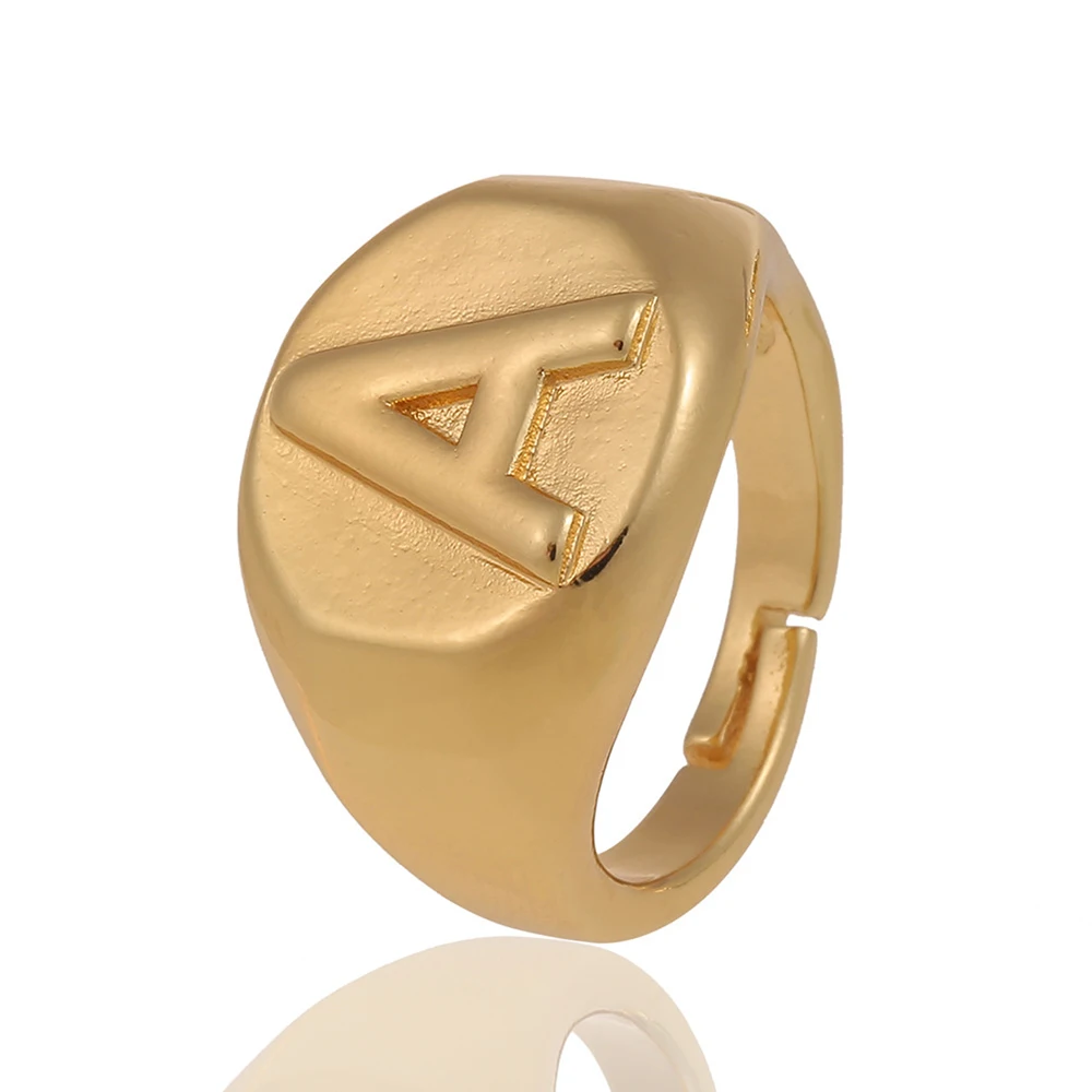 

Chic Gold Color Bold Initial Letter Open Ring Adjustable Women Statement Party Signet Alphabet Rings Fashion Jewelry, Picture shows