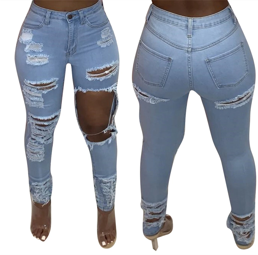 

2021 Women's Jeans Fashion Sexy Pants Temperament Trendy Personality Ripped Pants Slim Stretch MSC6423, Light blue