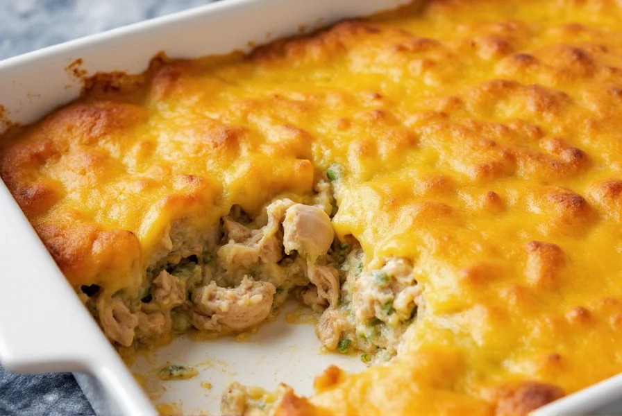 Perfectly baked chicken and green chili casserole with golden melted cheese topping in 9x13 baking dish, showing steam rising and tender chicken pieces visible through the creamy sauce
