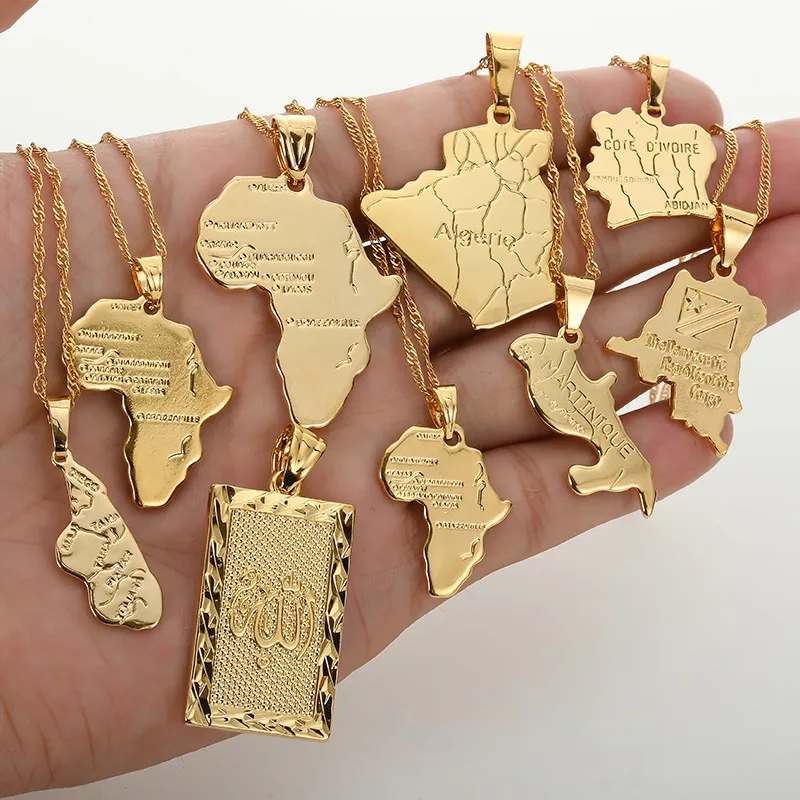 

Africa Congo Algeria Map Pendant Necklace 18K Gold Plated Copper Hiphop Style jewelry Map Necklace For Women Men, As pic or customized