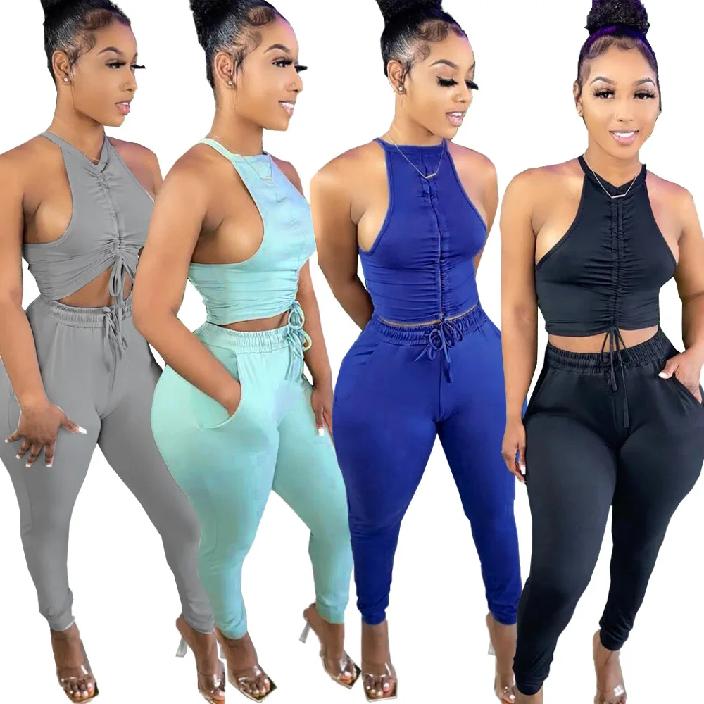 

New Arrival 2022 Summer Women Clothing Solid Color Drawstring Sweat Suit Tracksuit Women Two Piece Sets, Picture color