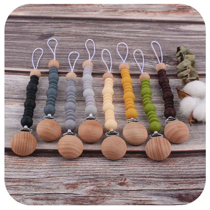 

High Quality Newborn Baby Silicone Beads Teething Wooden Pacifier Clip Infant Nipple Holder Chains