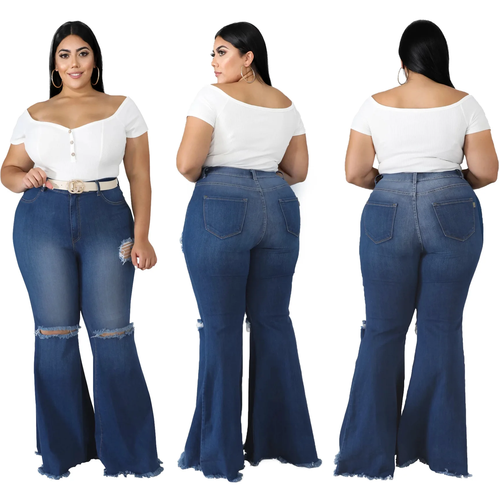 

Wholesale Amazon Hot Sale Knee Hole Stretch Elasticity Flares Pants Plus Size Mid Waist Sexy Casual Slim Denim Women's Jeans, Shown