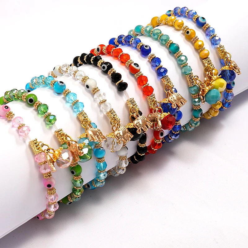 

Handmade Crystal Bracelets 6mm Beads Evil Eye Elephant Luxury Charms Elastic Gold Charm Bracelets for Women Kids