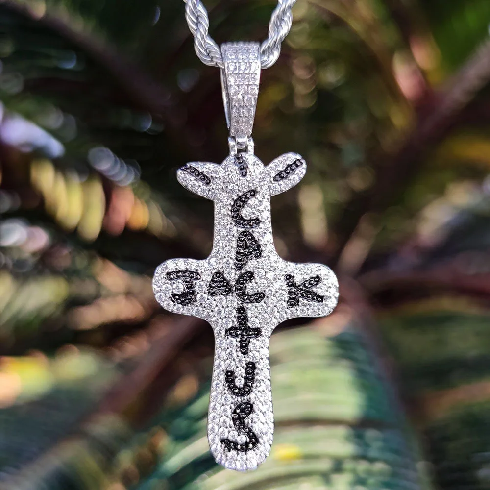 

Travis Scott Brand Hip Hop Jewelry 14k Gold Iced Out Lab Diamond Charm Cactus Jack Cross Pendant Necklace, Picture