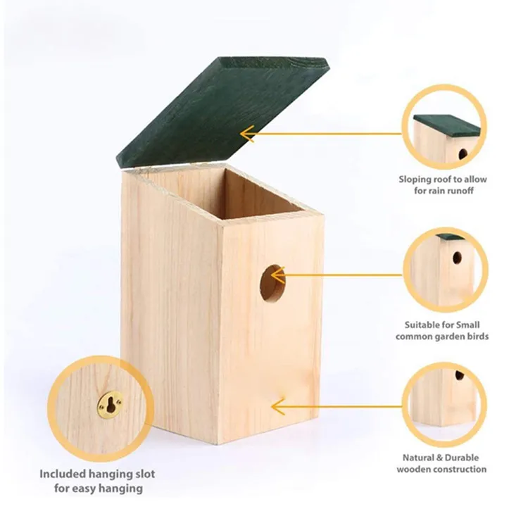 Ecofriendly Sloping Roof Wooden Wild Bird Nest Boxes Wholesale Bird