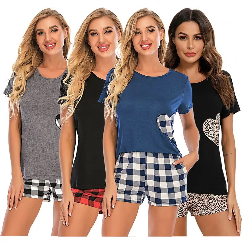 

Women summer short set Plaid Love Round Neck Short Sleeve Shorts 2 piece short set cotton nightgowns