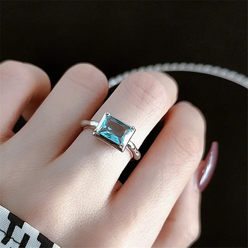 

Simple Faux Blue Gemstone Finger Ring Ins Fashion Platinum Plated Square Crystal Opening Rings For Women