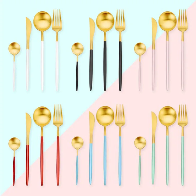 

Hot sale knife fork spoon chopsticks 5pcs gold set 304 stainless steel cutlery flatware set for party hotel wedding, (black,white,pink,blue,green,red)-gold