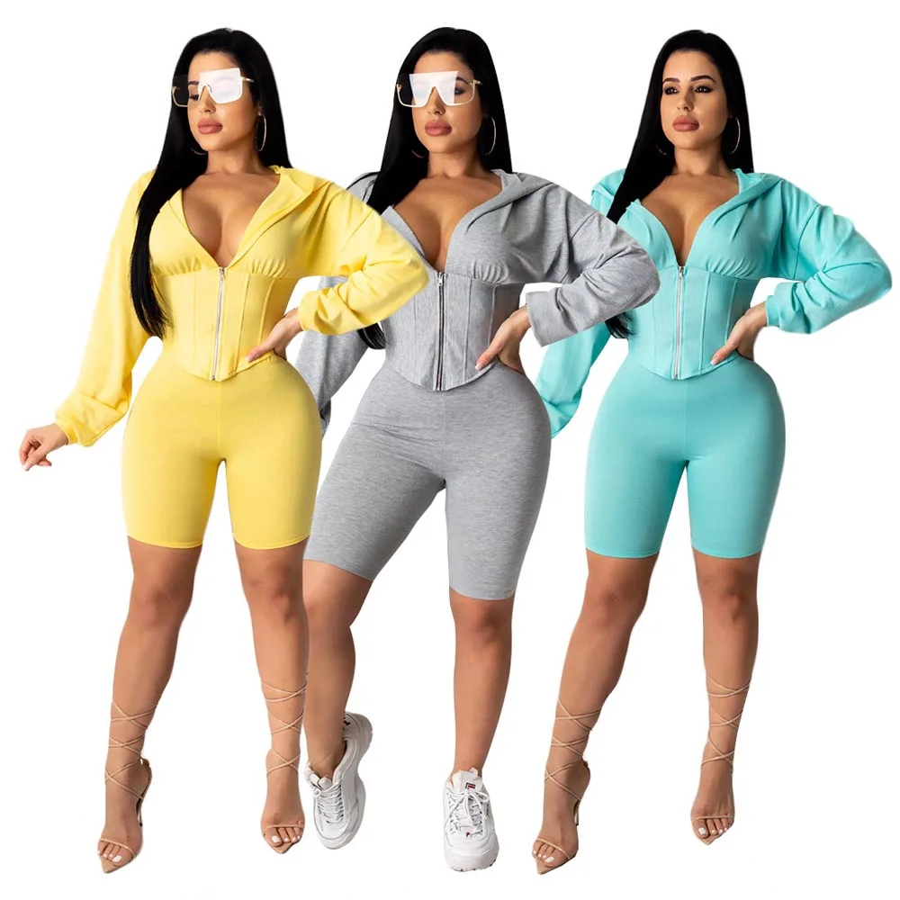 

hoodies tunics top and tight shorts 2 piece outfit for women, Yellow, gray , light blue