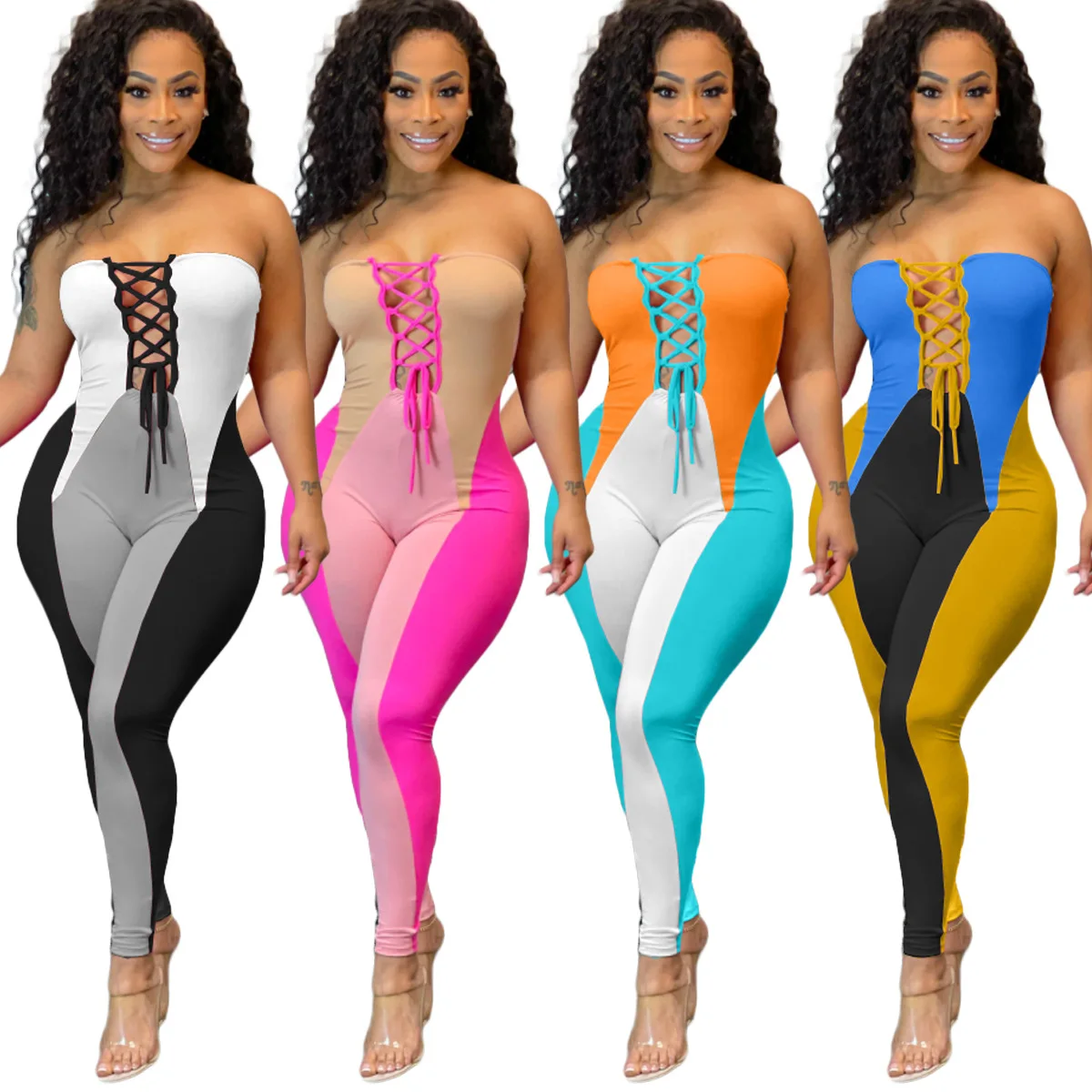 

2021 Summer One Pieces Jumpsuit Women Stretchy Patchwork Stacked Legging Off Shoulder Playsuits Lady Bodycon Rompers