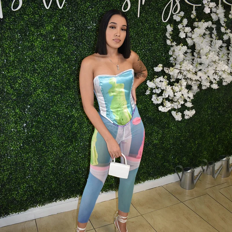 

Sexy women clothing two piece set tie dye print tube top bandage hollow out corset top, 1 color