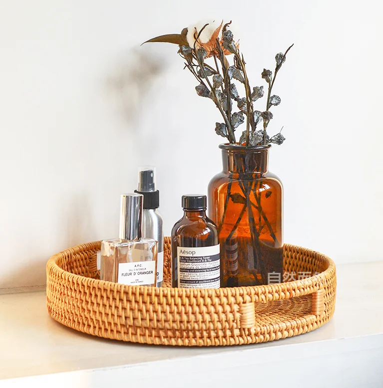

bathroom storage basket handle Woven Round Rattan Serving Tray Wicker plate Platter for Snack Bread Fruit Coffee cosmetics, Customized color