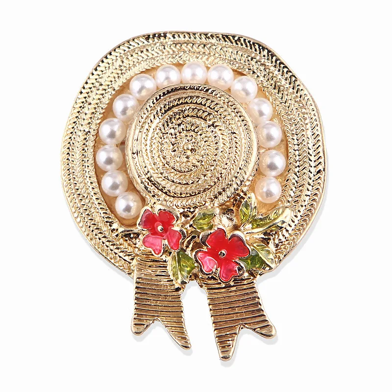 

JW-96 Vintage Women'S Anti-Glare Silk Scarf Buckle Corsage Straw Hat Red Flower Green Leaf Pearl Pin Brooch, Picture colors