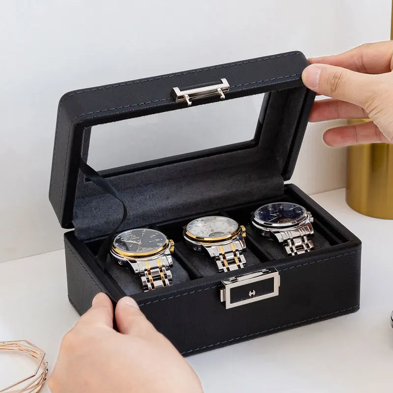 

Fashion Watch black Box 3 slots Mens Watch Organizer Jewelry Display Case with Lock