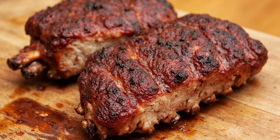 Side-by-side image showing wet and dry rubbed ribs after cooking