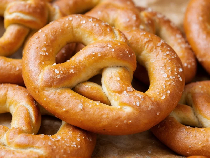 Golden brown homemade pretzels sprinkled with coarse salt