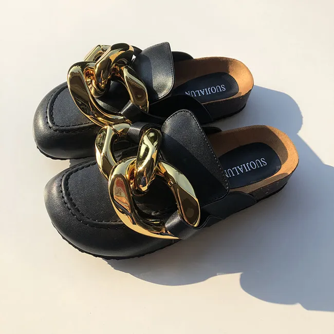 

Autumn High Quality New design flat shoes Comfortable Metal Chain ladies slippers and sandals Beach mules, Picture color