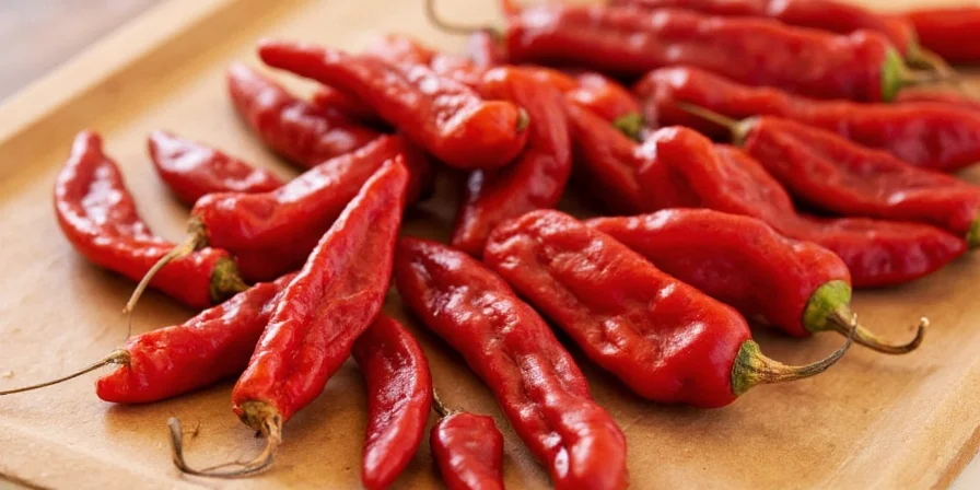 Fresh red chilies on a wooden table