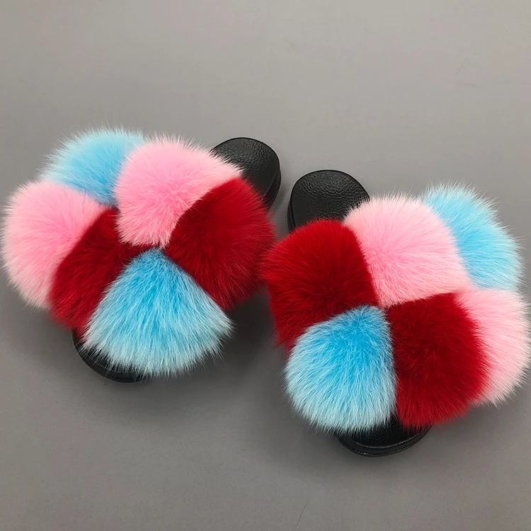 

Free shipping red pink blue flurry women fur slides slippers pom pom girl furry fur sandals slides slippers, Customized color