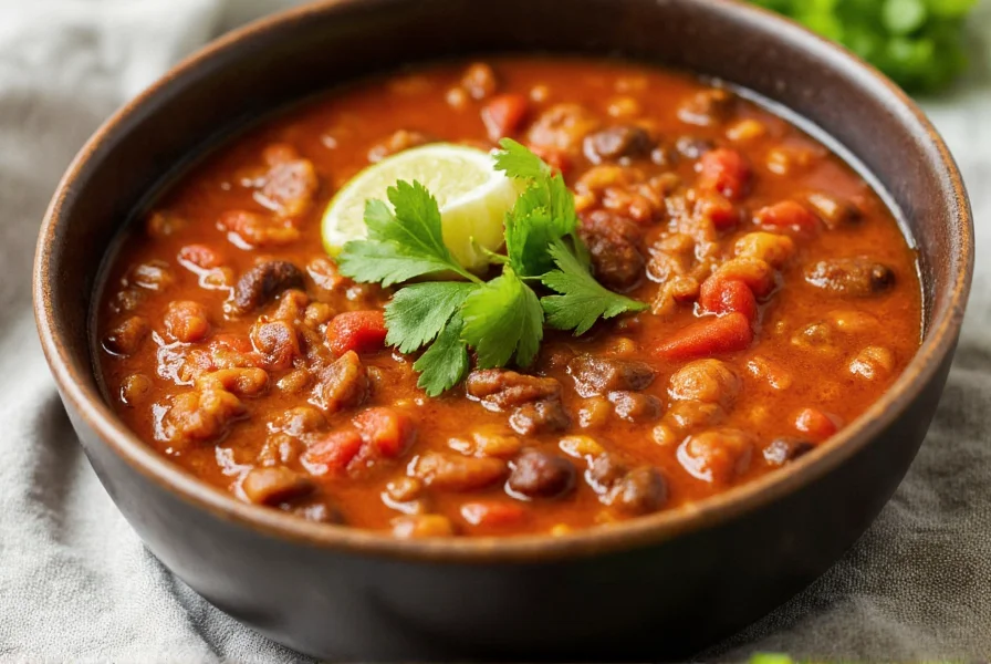 Low sodium chili served in a bowl with fresh cilantro garnish and lime wedge