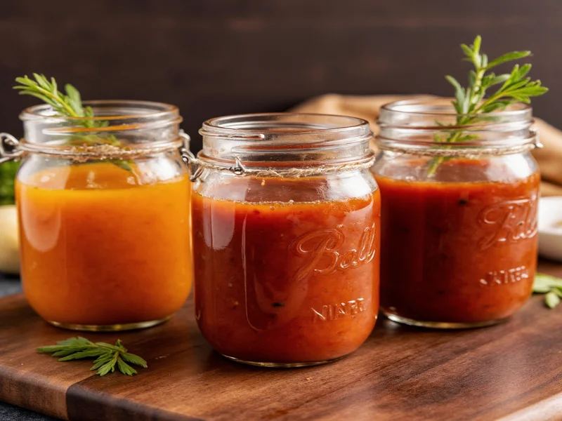 Three barbecue sauce variations in mason jars with herb garnishes