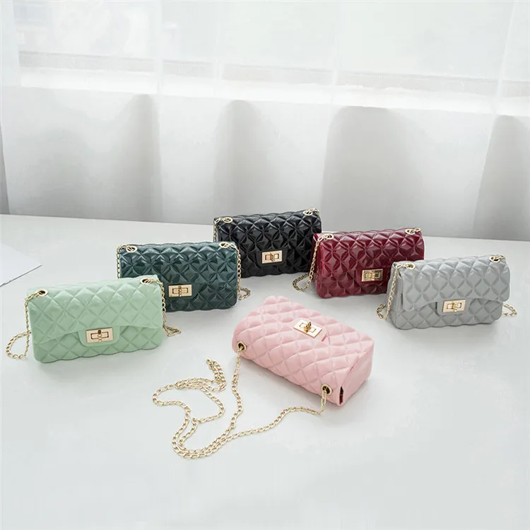 

ZB476 Fashionable Small Jelly Bags 2021 Rhombic Grid Handbag Jelly Shoulder Chain Bag Single Shoulder Jelly Purses And Bags, Gradient rainbow, black , beige,green various colors are available