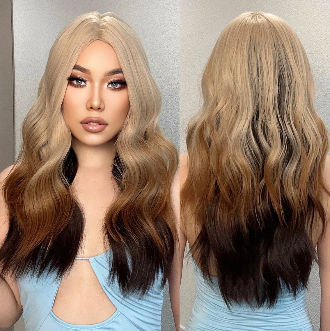 Factory Shipment Blonde Ombre Brown Long Wave Curly Wig for Women Middle Part Natural Soft Synthetic Hair High Temperature Fiber