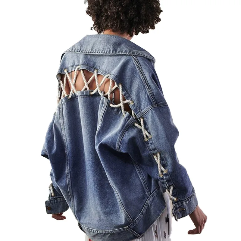 

Women's Autumn New Loose Lace Strap Lapel Casual Top Jacket Denim Jacket coat, Blue