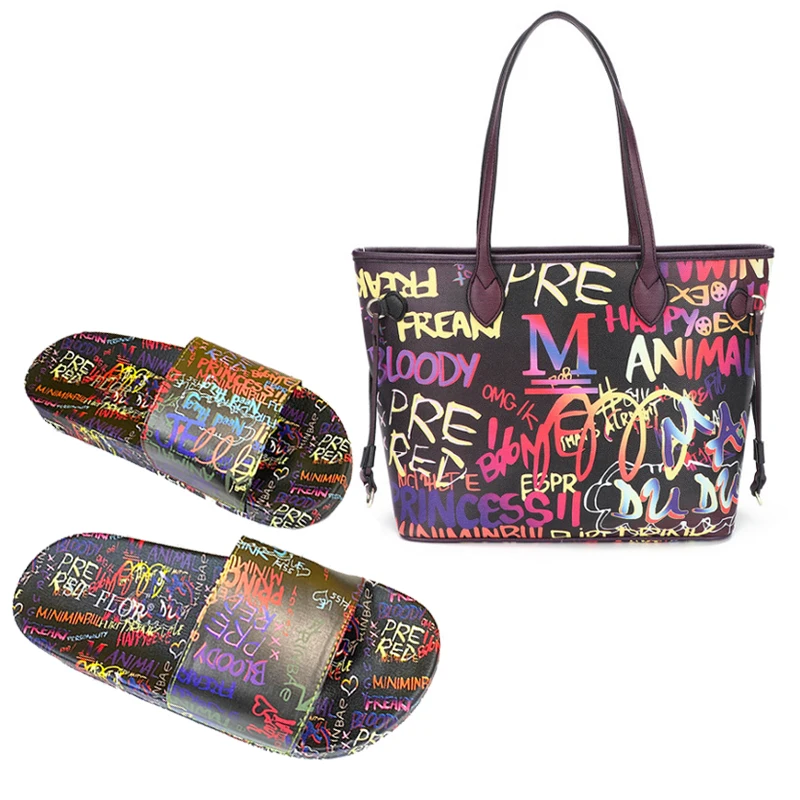 

Summer slippers for women fashion ladies slipper matching handbags large capacity bag set sandal with graffito tote bags, Requested colors