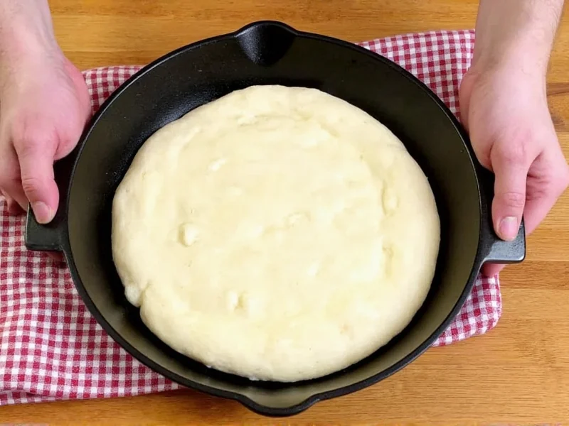 Pre-baked deep dish pizza crust in cast iron skillet