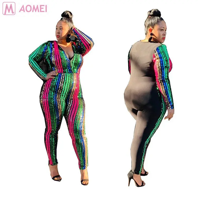 DO910001 wholesale front zipper stripe sequins full length Jumpsuit  Women Clothing Plus Size