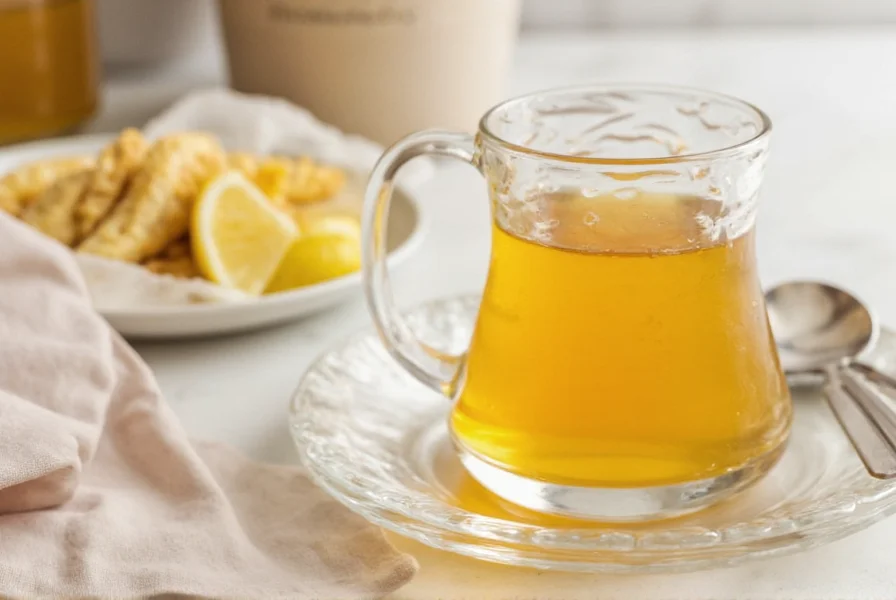 Various ginger tea variations in different mugs with lemon slices and honey drizzle