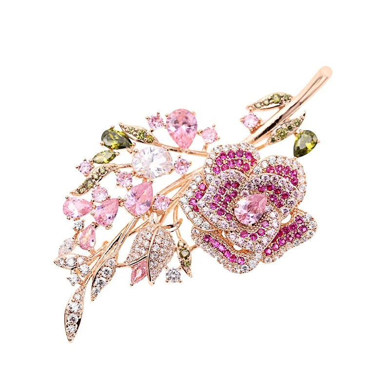 

XILIANGFEIZI High Quality Luxury Clothing Accessories Zircon Korean Big Pin Flower Brooches For Women, Pink