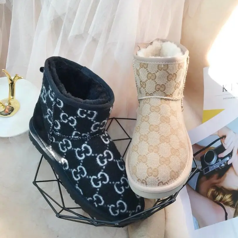 

Wholesale Winter Boots For Women Ladie's Wool printed upper Boots Women Uggh Boots For Women, Black, apricot