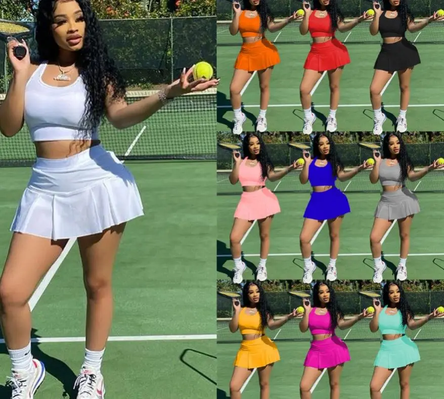 

2021 summer women 10 colors solid color vest with skirt shorts two piece tennis stylish 2 piece short set