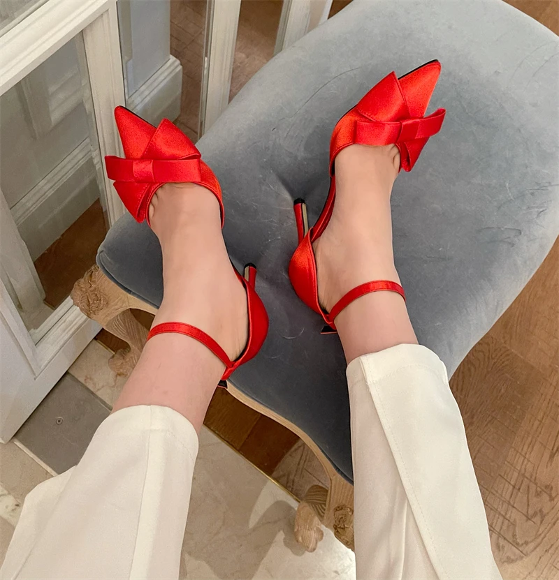 

Brand shoes wedding collection satin ribbon bow detail ankle wrap lady pumps high heel pointed toe D'Orsay women footwear