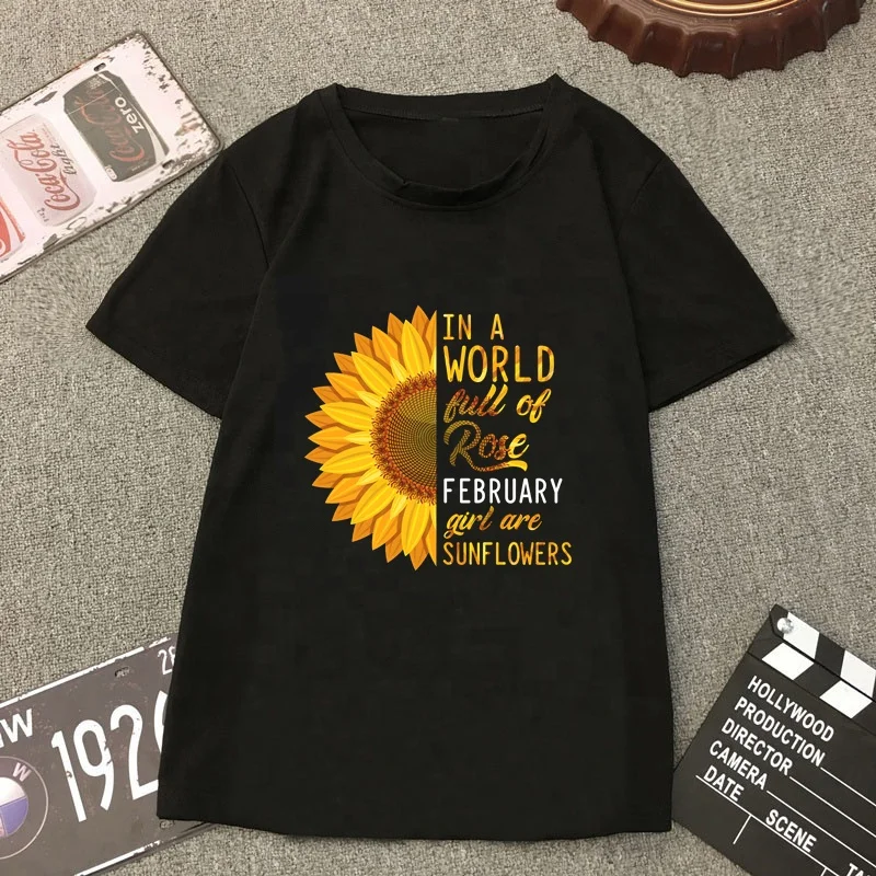 

Wholesale February Girls Are Sunshine Mixed With A Little Hurricane T-shirt Short Sleeve O Neck Loose T Shirt For Women, Picture