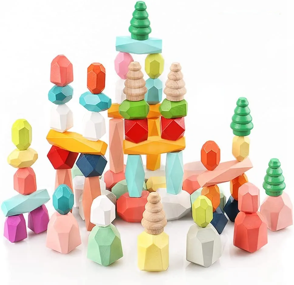 

Best Selling 28 Pcs Forest Building Block Toy 38 Pcs Wooden Colorful Stone Blocks Set Toys