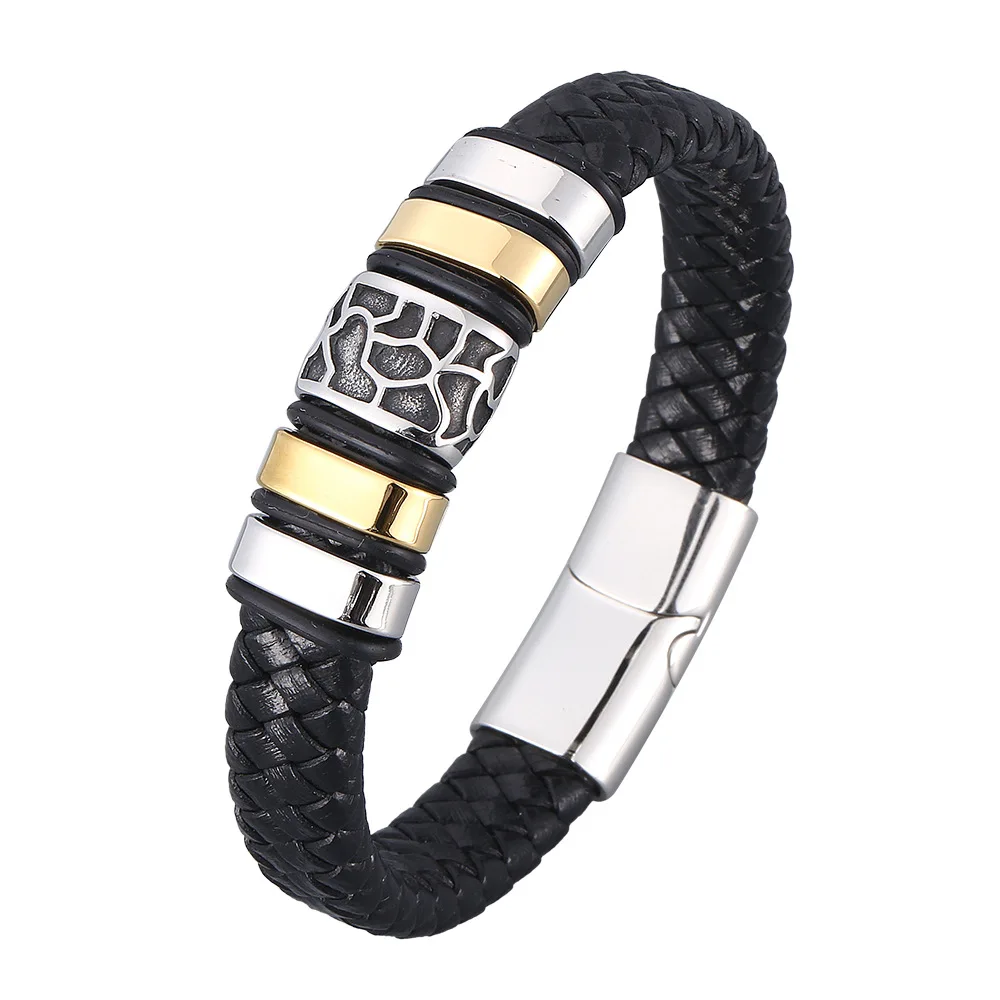 

Perfect Trendy Stainless Steel Men Cuff Braided Real Leather Bracelet, Black leather, golden/silver/black accessories,customized color