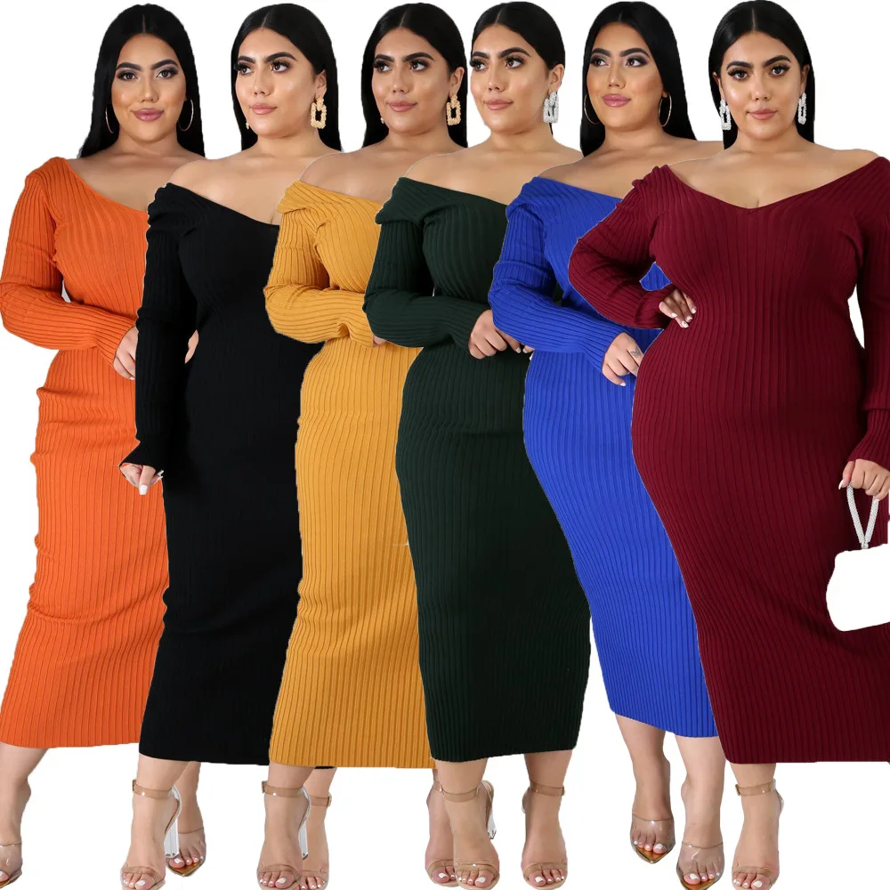 

Autumn and winter hot sale solid color big pit stripe sexy V-neck buttock A-line skirt large dress for women