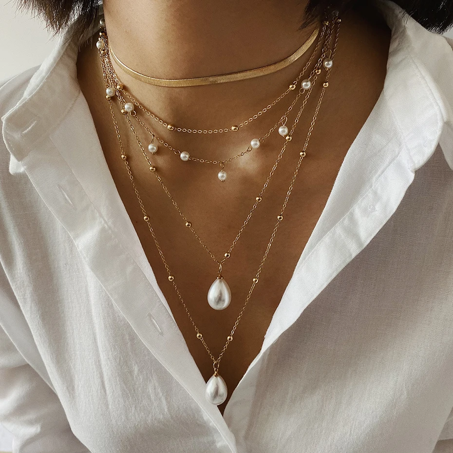 

Fashion Bohemian Multilayer Simulation Pearl Tassel Necklace for Women, Gold color