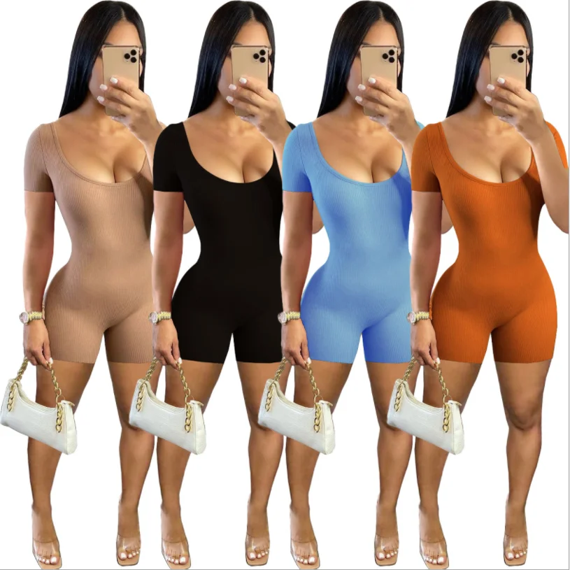 

2021Summer fashion women short sleeve low neck solid color sexy knit Skinny jumpsuit ribbed material women rompers, As picture or customized color