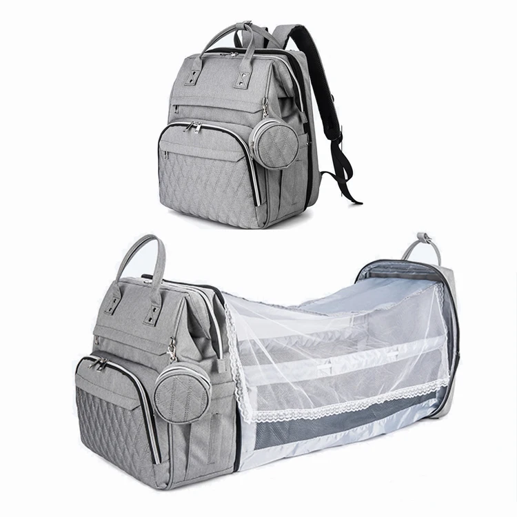 

Travel Waterproof Portable Baby Diaper Bag Backpack with Mosquito Net Foldable Baby Bed, Gray color or custom