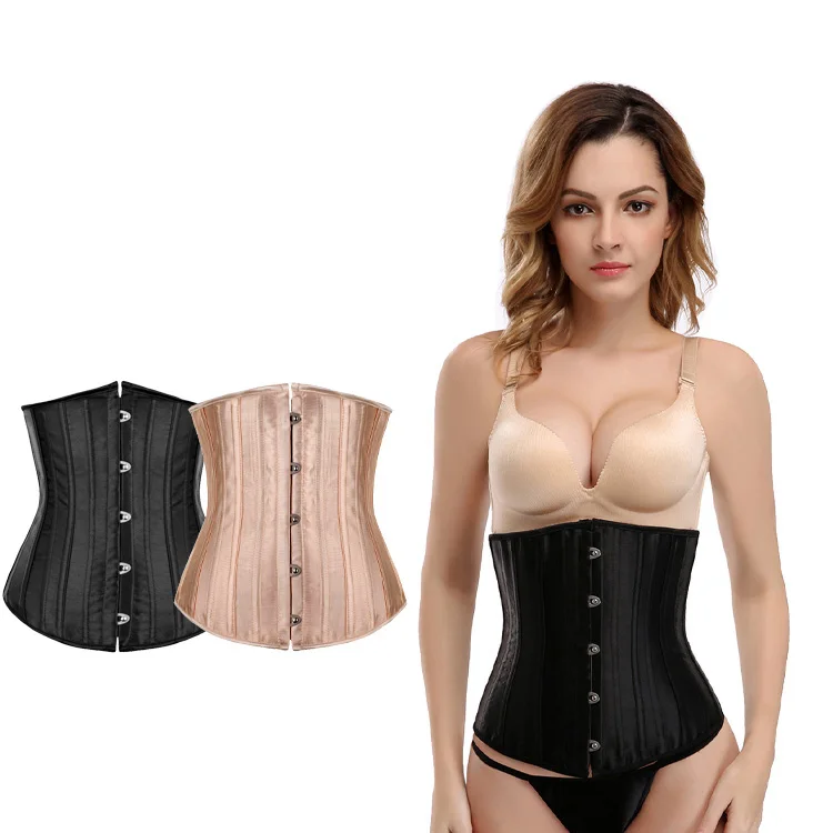 

Heavy duty 26 steel boned satin tummy wrap waist trainer corset support for women, Black,khaki