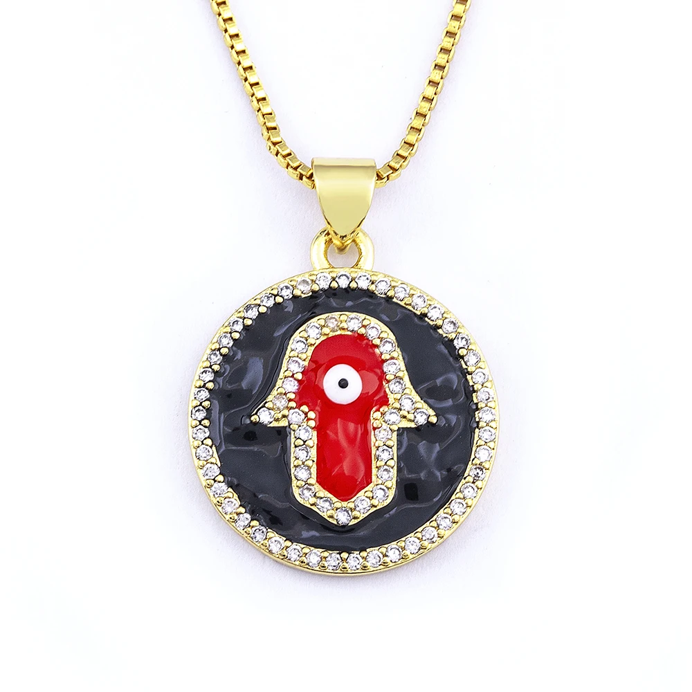 

Fashion Round Shape Crystal Palm Pendant Necklace Cubic Zirconia Gold Neck Chain Charm Jewelry Friendship Gifts Wholesale, Red/white